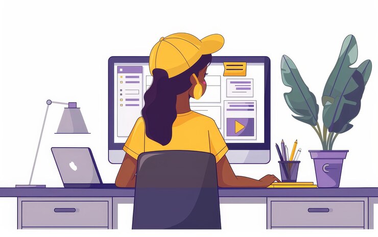 Foto mulher com um chapéu amarelo trabalha em um computador em seu escritório em casa