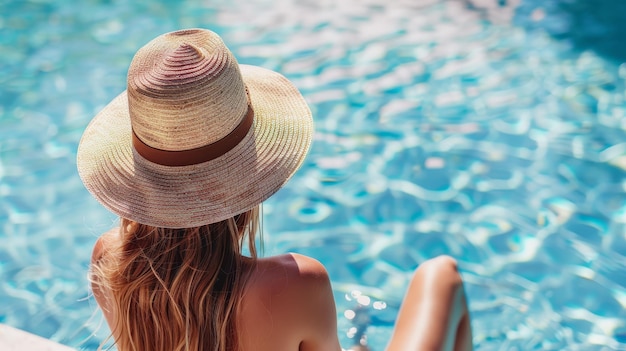 Mulher com um chapéu de palha sentada à beira de uma piscina
