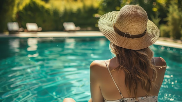 Mulher com um chapéu de palha sentada à beira de uma piscina