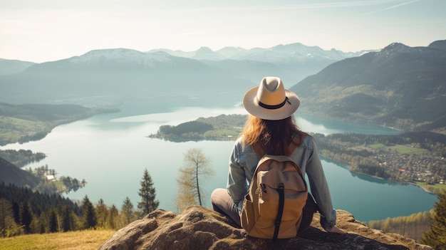 Mulher com um chapéu e mochila olhando para as montanhas e lago do topo de uma montanha à luz do sol com uma vista das montanhas