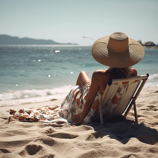Foto mulher com um chapéu sentada na praia olhando para o mar