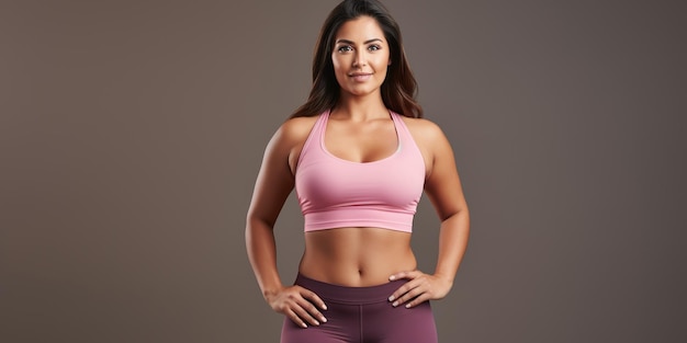 Mulher com um corpo em forma e maior tamanho está em um estúdio confiantemente vestindo roupas de fitness