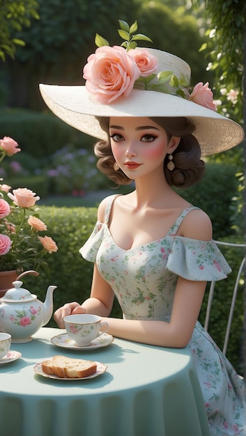 Foto mulher com um elegante vestido floral e um chapéu de borda larga sentada em uma mesa preparada para o chá da tarde em um jardim em flor, bebendo de uma delicada xícara de chá de porcelana.