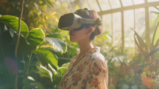 Mulher com um fone de ouvido VR explorando um conservatório iluminado pelo sol