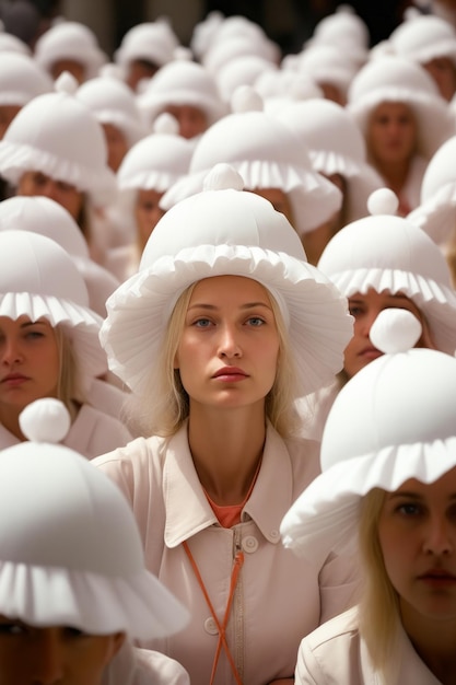 Mulher com um grande chapéu branco em uma multidão de outras mulheres IA generativa