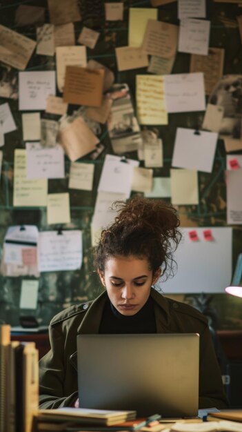 Foto mulher com um laptop no escritório sobrecarregada pela quantidade de trabalho