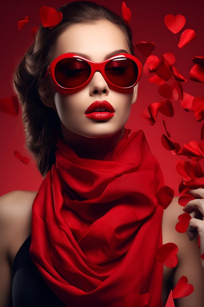 Mulher com um lenço vermelho e óculos entre pétalas de flores caindo em um fundo vermelho Dia da Mulher