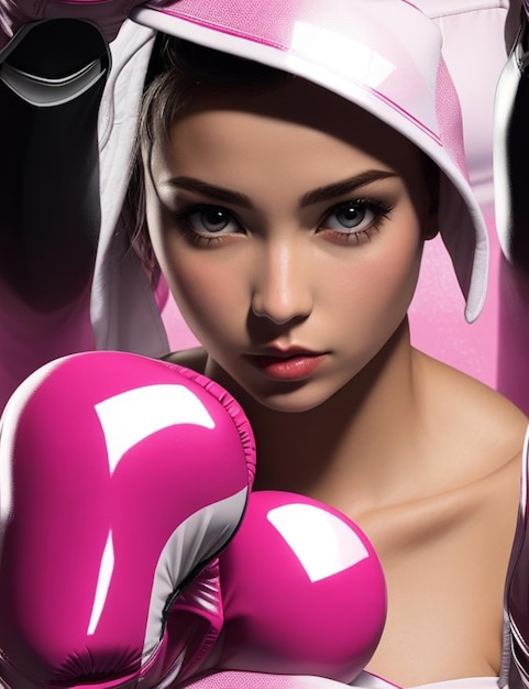 mulher com um par de luvas de boxe rosa brancas misteriosas e poderosas com um brilho brilhante