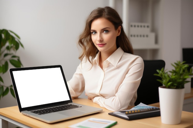 Mulher com um rosto feliz sentada em seu escritório na tela do seu computador.