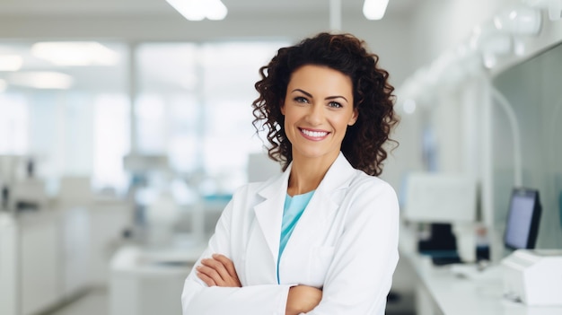 Mulher com um sorriso confiante vestindo uma bata de laboratório branca de pé em uma clínica dentária com equipamentos dentários ao fundo