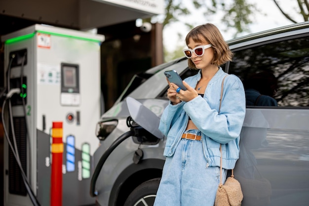 Mulher com um telefone inteligente esperando seu carro elétrico ser carregado