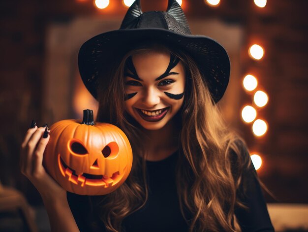 Mulher com um traje de Halloween com uma pose brincalhona