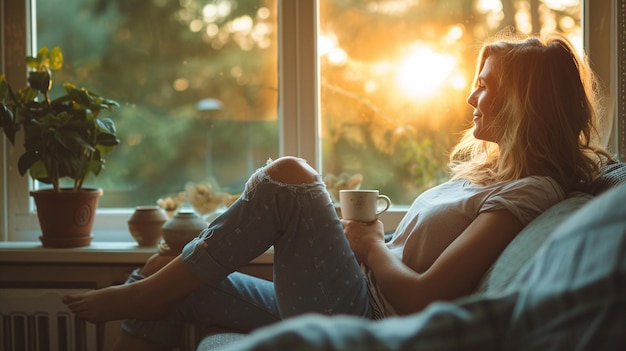 mulher com uma chávena de café sentada no peitoral da janela