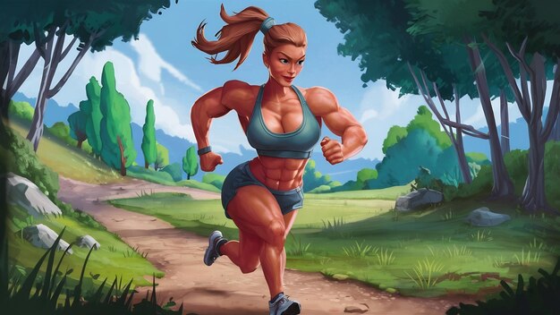 Mulher com uma constituição muscular determinada a correr enquanto se exercita na natureza