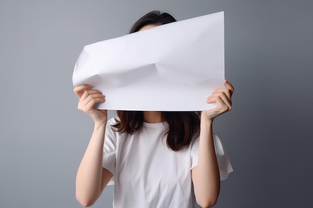 Mulher com uma grande folha de papel nas mãos filmada em estúdio