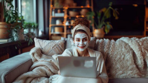 Foto mulher com uma máscara cosmética no rosto está sorrindo sentada em um sofá e olhando para um laptop