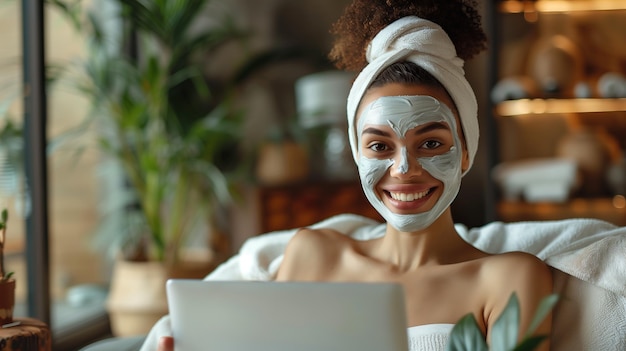 Mulher com uma máscara cosmética no rosto está sorrindo sentada em um sofá e olhando para um laptop