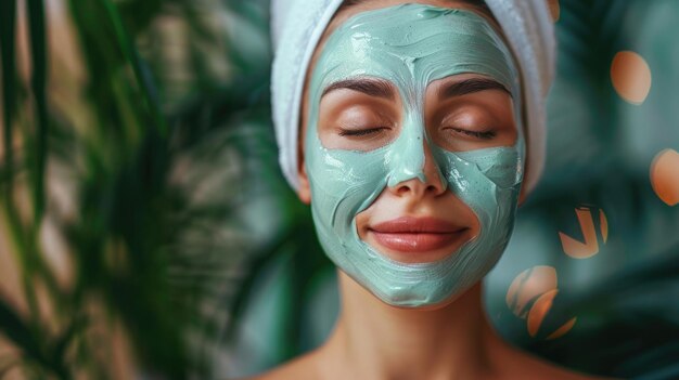 Mulher com uma máscara facial verde conceito de spa e bem-estar