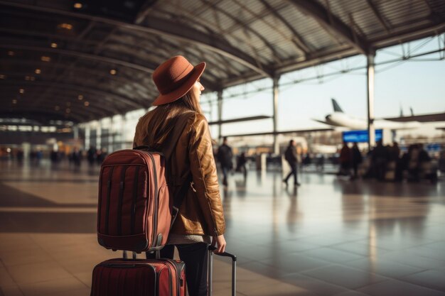 Mulher com uma mochila viajando sozinha IA generativa