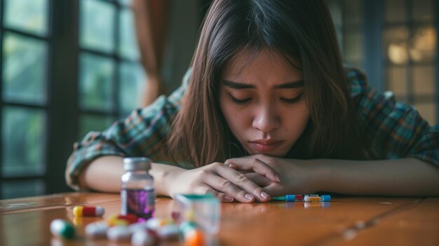 mulher com uma seringa e comprimidos na mesa conceito de saúde