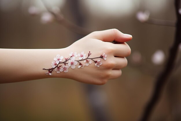 Mulher com uma tatuagem de flor de ameixa no braço