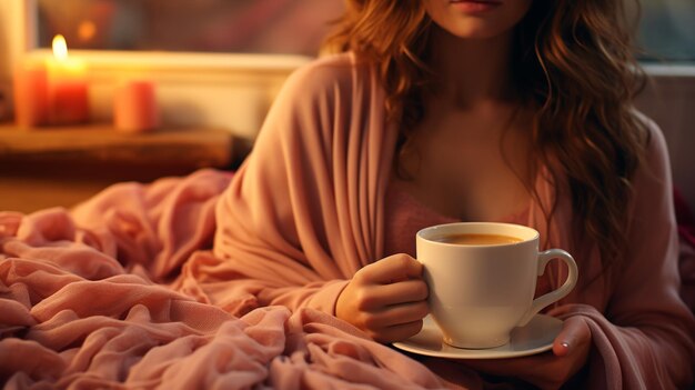 Mulher com uma xícara de café na cama
