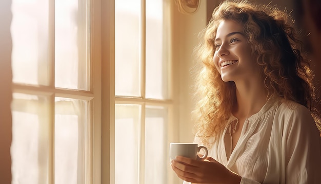 Mulher com uma xícara de café sentada perto de uma janela em uma manhã de inverno
