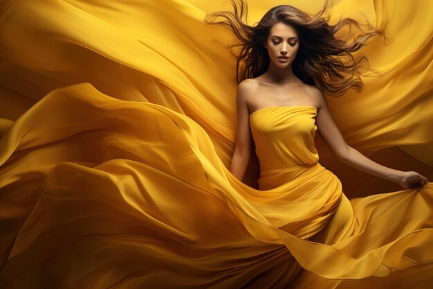 Mulher com vestido amarelo ondulado com tecido voador