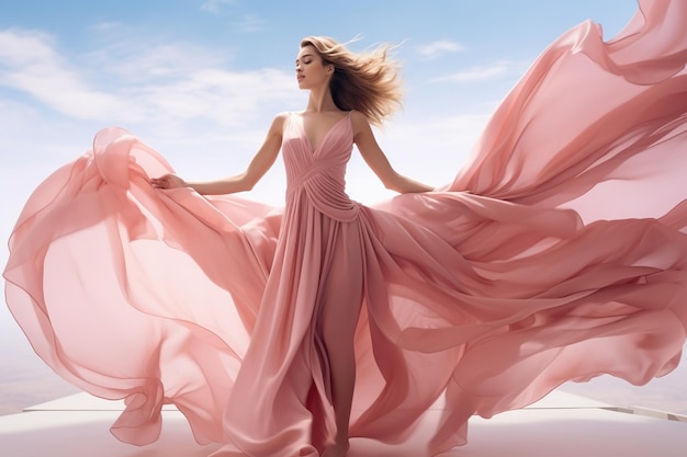 Mulher com vestido rosa ondulado com tecido voador