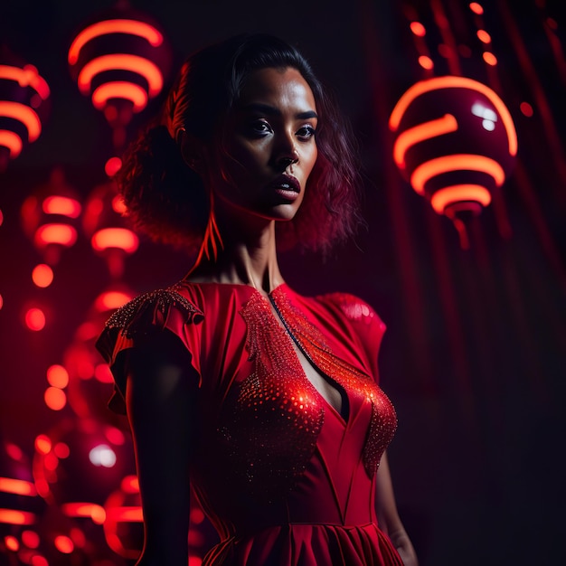 Mulher com vestido vermelho no cenário surreal