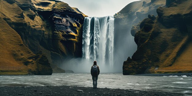 Mulher com vista para a cachoeira de skogafoss, na Islândia