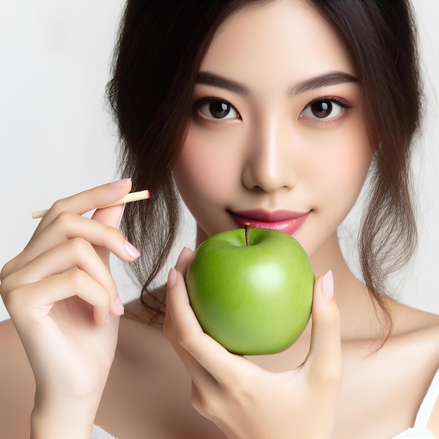 Mulher come maçã verde em fundo branco