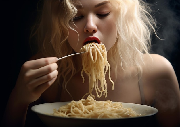 Mulher come pasta italiana com frutos do mar e molho de tomate closeup tagliatelle vento é uma ia generativa