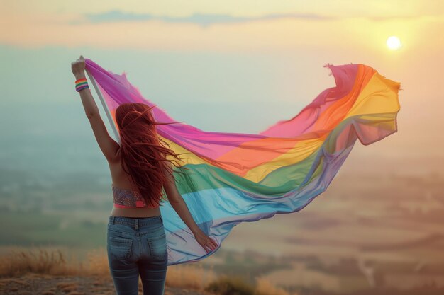 Mulher comemorando com a bandeira do arco-íris ao pôr-do-sol