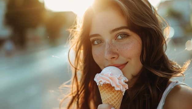 Foto mulher comendo cone de sorvete na rua