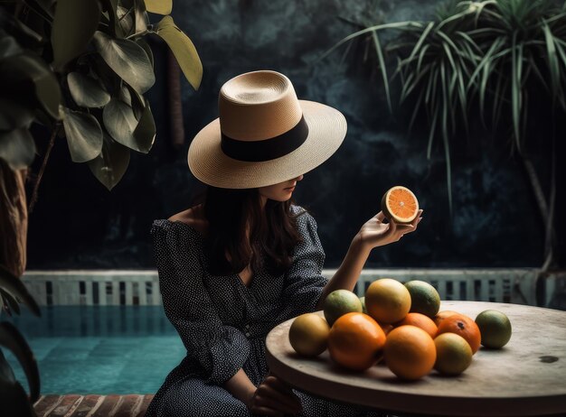 Mulher comendo perto da piscina Ilustração AI Generative