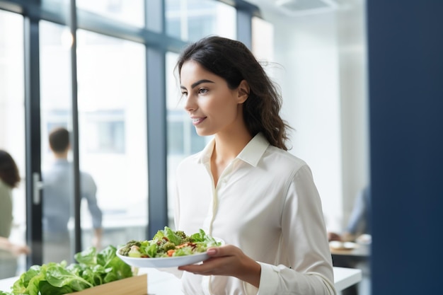 Mulher comendo salada de vegetais saudável no escritório