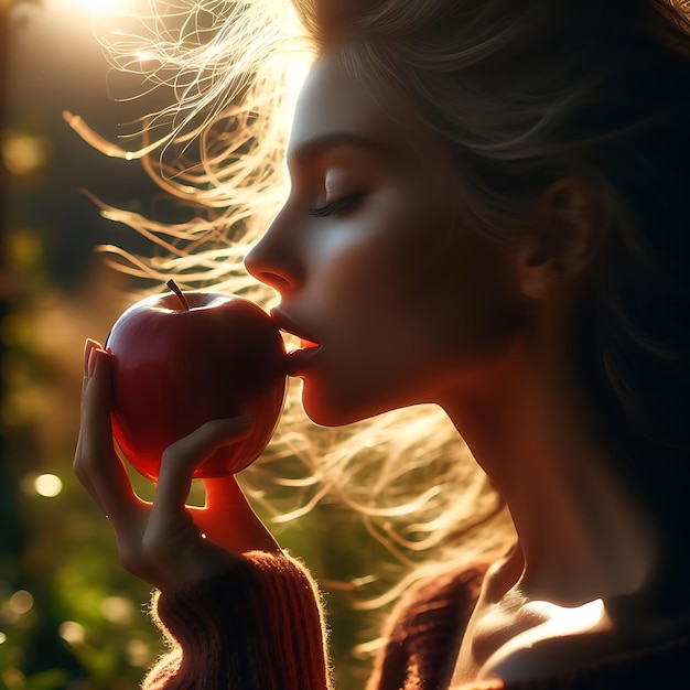 Mulher comendo uma maçã