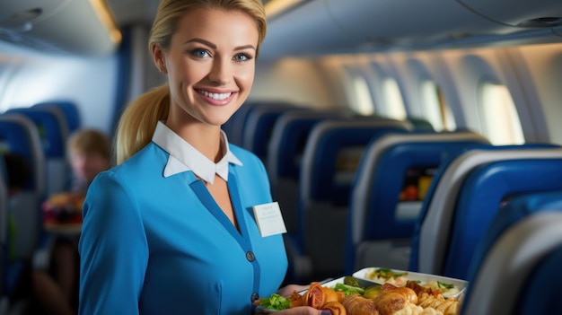 Mulher comissária de bordo servindo comida em um avião