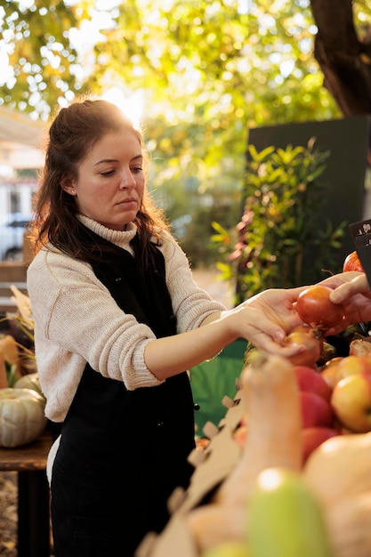 Mulher confiante com avental organizando frutas e vegetais ecológicos e preparando-se para vender produtos biológicos orgânicos no estande ao ar livre. Feminino jovem vendedor vendendo produtos frescos, alimentos saudáveis.