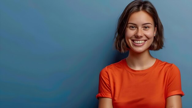 Foto mulher confiante com cabelos bobbados e camisa laranja sorrindo em fundo azul fotografia de retrato conceitual confidente estilo bob corte de cabelo vestuário laranja fundo azul