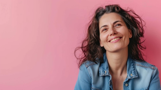 Mulher confiante de meia-idade com camisa de jeans sorrindo e olhando para outro lado