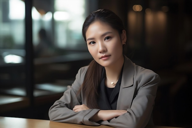 Mulher confiante empresária de escritório retrato espaço corporativo senhora asiática copiar negócios felizes Generative AI
