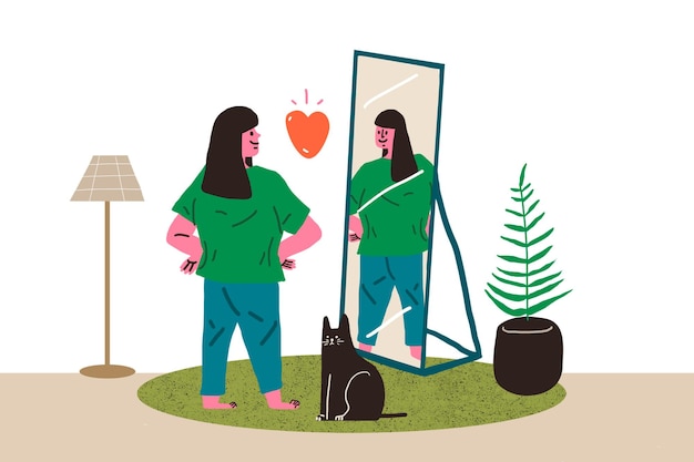 Mulher confiante ilustração de desenho animado png de amor próprio em fundo transparente