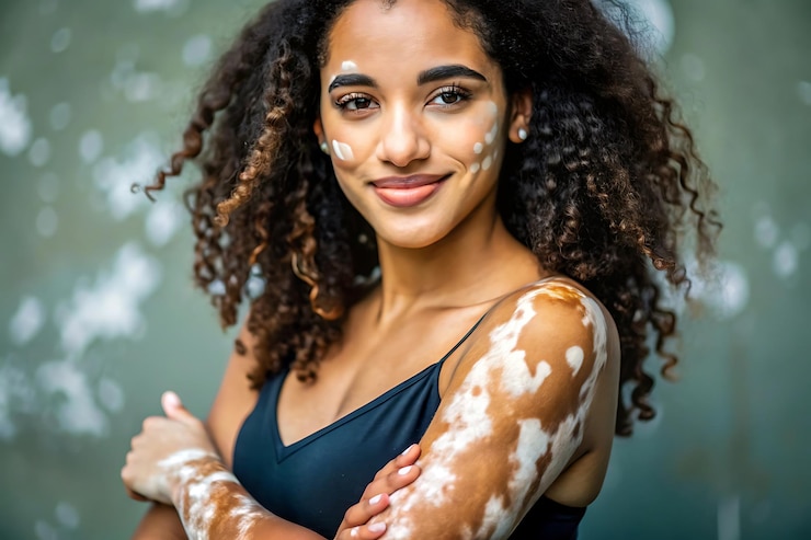 Foto mulher confiante mostrando vibrantes padrões de vitiligo em seu braço