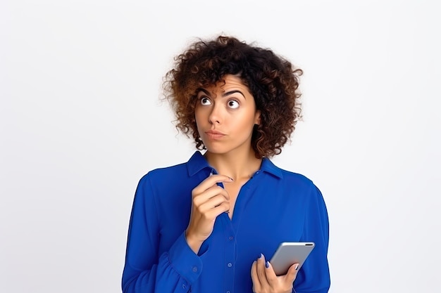 Foto mulher confusa segurando smartphone e cartão de crédito