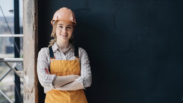 Mulher construtora em uniforme e capacete na parede preta