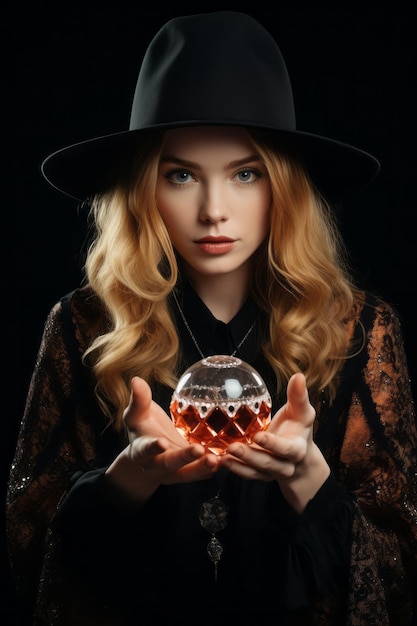 Mulher contando de uma bola de cristal vestida como uma misteriosa adivinha