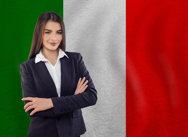 Mulher contra a bandeira italiana Ensino à distância na Itália