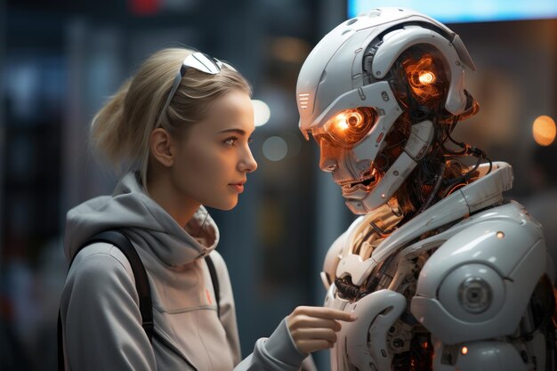Foto mulher conversando com um robô envolvendo-se em uma conversa futurista tecnologia robótica